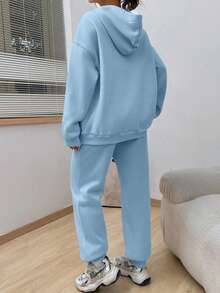 SHEIN Unity Letter Graphic Drop Shoulder Drawstring Hoodie & Sweatpants - Blue - View 2