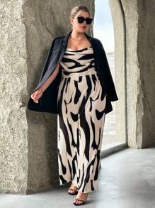 SHEIN Privé Plus Allover Print Drape Front Halter Top & Wide Leg Pants