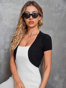 AAmilife 女款春夏休闲风纯色水波纹短袖简约优雅开衫 - 黑色 - 查看 3