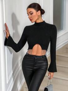 Allurite Mock Neck Asymmetrical Hem Crop Sweater