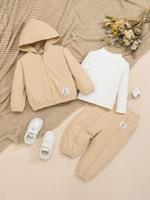 SHEIN Đứa bé trai Áo phông trơn & Chi tiết được vá Áo Hoodie & Quần thể thao - Màu be - Xem 1