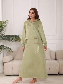 Letter Graphic Flap Pocket Drawstring Hooded Dress - Green - View 6