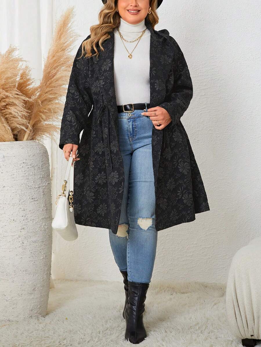 Plus Floral Jacquard Drawstring Waist Coat - Black - View 1