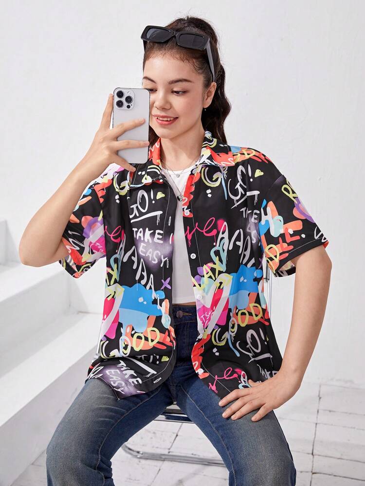 Teen Girl Graffiti Print Drop Shoulder Shirt