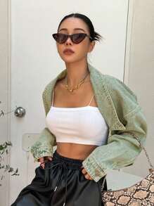 DAZY Drop Shoulder Asymmetrical Hem Denim Jacket,Fall Clothes - Army Green - View 2