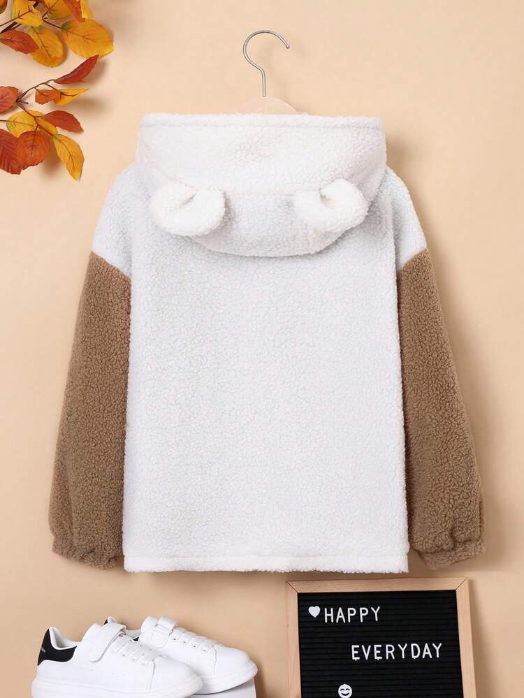 Tween Boy Two Tone Letter Patched Detail Dual Pocket 3D Ears Design Hooded Coat
