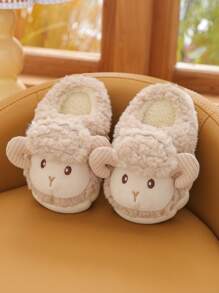 Cute Sheep Design Girls' Indoor Winter Warm Slippers, Non-slip Cartoon Children's Comfortable Shoes - Khaki - View 4