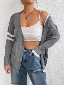 Calvaya Plus Striped Pattern Dual Pocket Drop Shoulder Cardigan - Grey - View 3