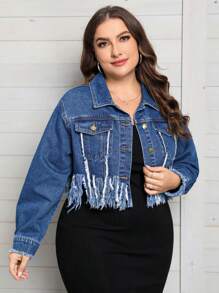 SHEIN LUNE Plus Fringe Trim Flap Pocket Denim Jacket - Medium Wash - View 1