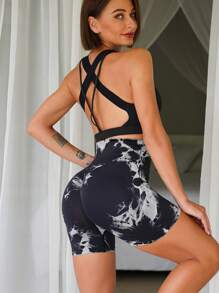 SHEIN Sports 3pcs Tie Dye Wideband Waist Sports ShortsWomen Sweat Short, Gym Short, Biker Short