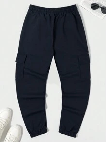 RueChic 100%Cotton Men Flap Pocket Side Drawstring Waist Cargo Pants - Navy Blue - View 2