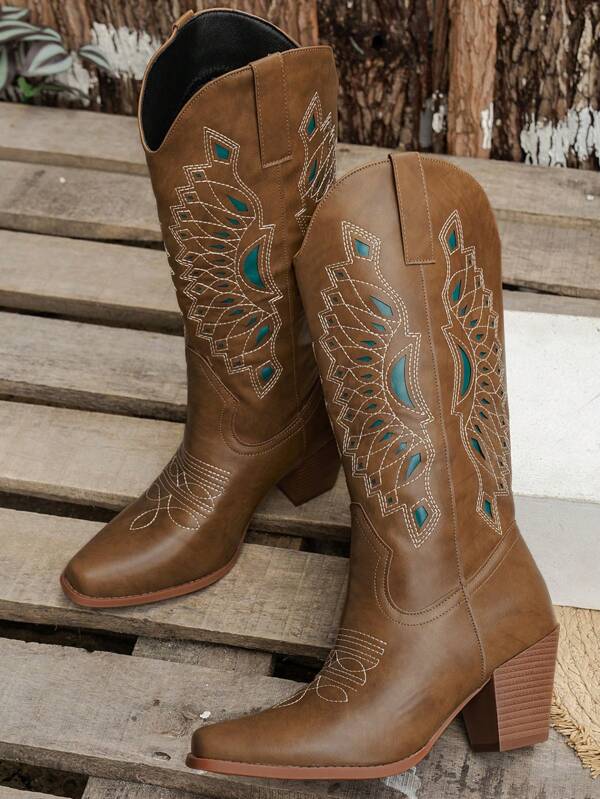 Women's Contrastcolor Chunky Heel Riding Boots & Western Style Knee