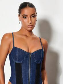 SHEIN BAE Dây kéo mặt trước Bustier Hai Dây Bộ đồ liền thân denim - Màu xanh lam - Xem 5