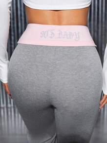 SHEIN PETITE 字母圖案喇叭褲 - 灰色 - 查看 7