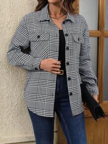 SHEIN Essnce Abrigo con estampado de pata de gallo de hombros caídos con bolsillo con solapa - Negro - Ver 1