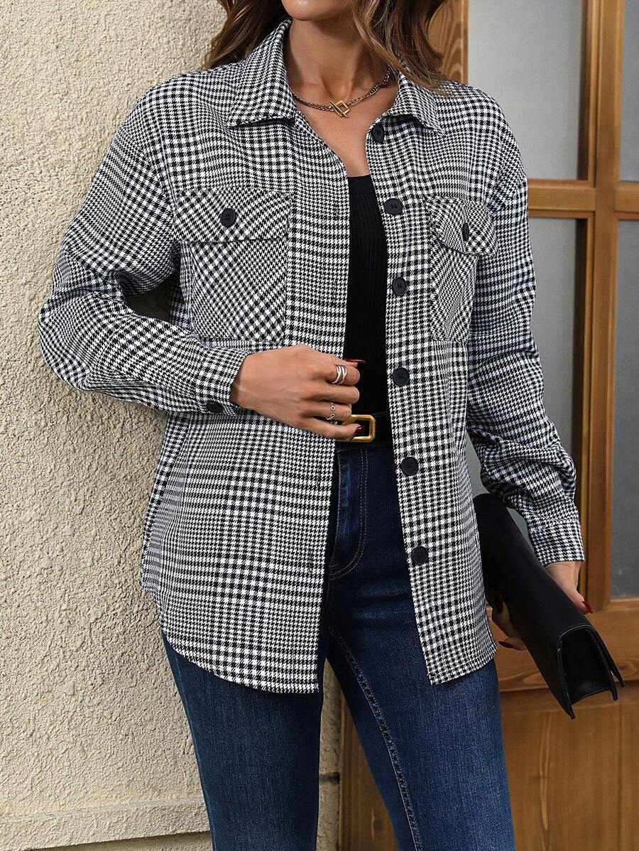 SHEIN Essnce Abrigo con estampado de pata de gallo de hombros caídos con bolsillo con solapa - Negro - Ver 1