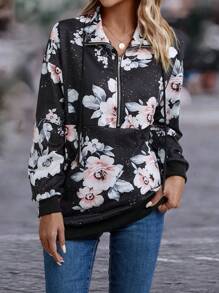 SHEIN LUNE Floral Print Kangaroo Pocket Drop Shoulder Hoodie - Multicolor - View 5