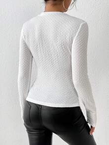 SHEIN Privé 素色前收褶下擺開叉T恤 - 白色 - 查看 6