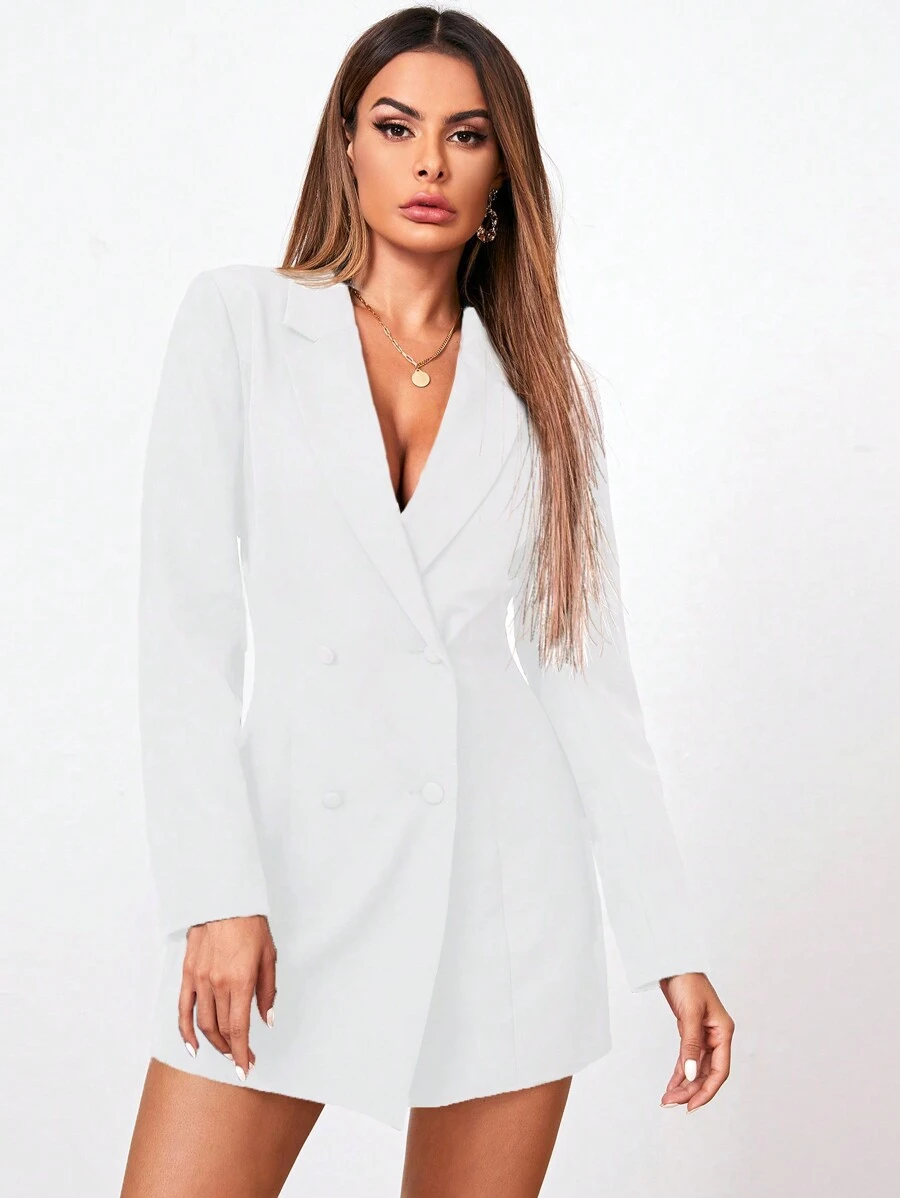SHEIN Cottnline Women's Double-breasted Suit Dress - Putih - View 1