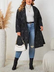 Plus Floral Jacquard Drawstring Waist Coat - Black - View 6