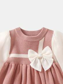 Young Girl Two Tone Bow Front Gigot Sleeve Dress - Pink - View 3
