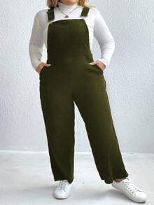 SHEIN LUNE Plus Solid Slant Pocket Overall Jumpsuit Without Tee - Army Green - View 3