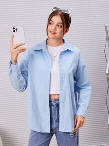 SHEIN Teen Girl Solid Split Back Drop Shoulder Shirt