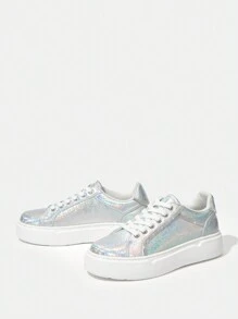 SheIn SXY 女性時尚發亮的繫帶戶外運動休閒運動鞋 - 銀色 - 查看 3