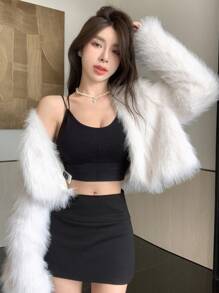 DAZY Solid Open Front Crop Fuzzy Coat Women Jacket,Fall Women Clothes Faux Fur Coat