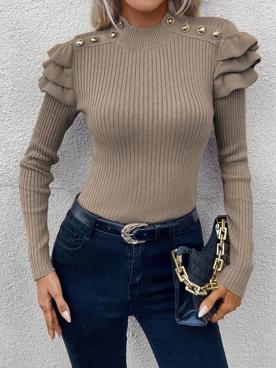 SHEIN LUNE Mock Neck Ruffle Trim Button Detail Ribbed Knit Pullover Fall Winter Sweater - Camel - View 1