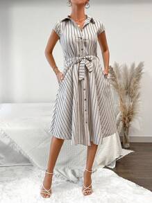 RueChic Váy sơ mi sọc in thắt lưng - Nhiều màu - Xem 4