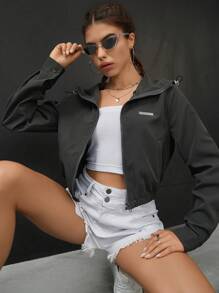 SHEIN EZwear 字母補丁細節拉鏈開襟短款連帽夾克 - 灰色 - 查看 1