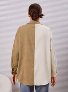 SHEIN 青少年女孩雙色補丁貼口袋落肩袖燈芯絨襯衫 - 卡其色 - 查看 2