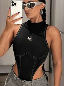 SHEIN ICON Letter Graphic Top-Stitching High Cut Tank Summer Bodysuit