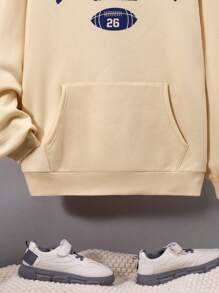 SHEIN 青少年女孩字母圖案袋鼠口袋落肩袖連帽衫 - 杏色 - 查看 3