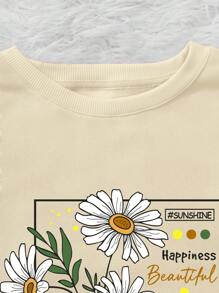 SHEIN LUNE Đồ họa hoa & khẩu hiệu Lót nhiệt Áo nỉ - Màu be - Xem 3