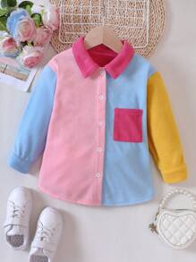 SHEIN Young Girl Colorblock Patched Pocket Overcoat - Multicolor - View 1