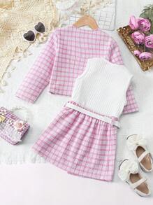 SHEIN Young Girl Plaid Print Jacket & Belted Skirt & Tank Top Plaid Young Girls Setskids Dress Set