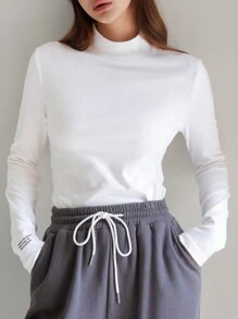 DAZY Solid Mock Neck Tee,Fall Clothes Long Sleeve Women Tops,Thermal Lined - White - View 3