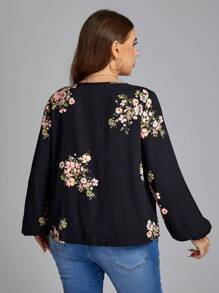 SHEIN LUNE Cộng với áo sơ mi tay đèn lồng in hoa - màu đen - Xem 2