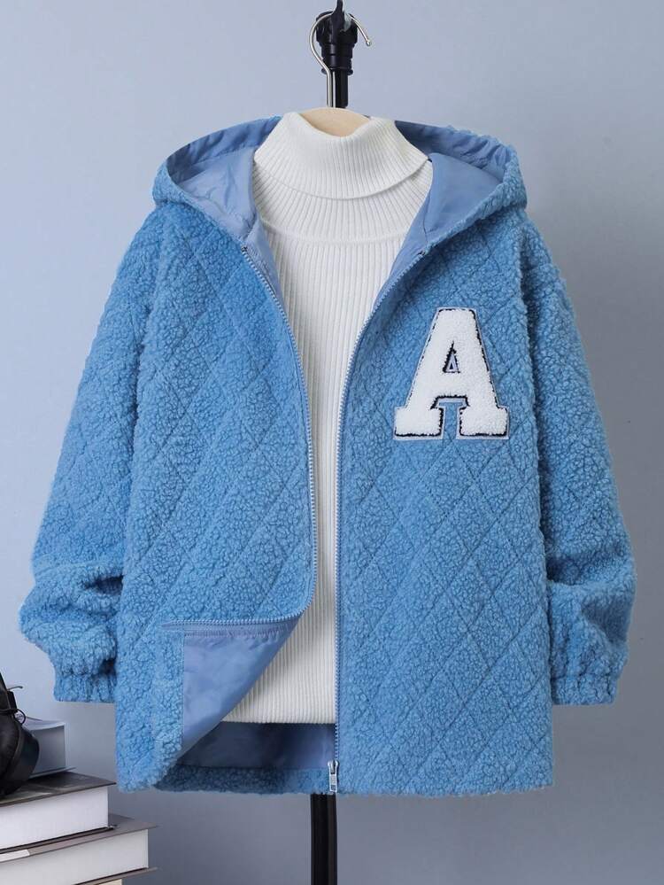 Tween Boy Letter Patched Hooded Teddy Coat Without Sweater