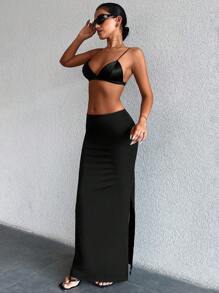 Solid Split Hem Skirt - Black - View 5