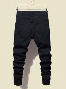 Manfinity Roughcore Men Cotton Letter Graphic Ripped Frayed Jeans, Men Graphic Jeans, Black Ripped Jeans Men, Men Hip Hop Jeans, Men Streetwear Jeans, Men Black Jeans With White Stripes - Black - View 2