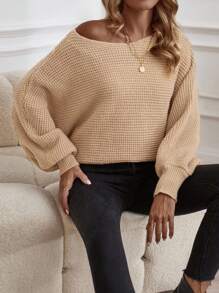 SHEIN LUNE 船领蝙蝠袖罗纹针织套头衫秋冬毛衣 - 卡其色 - 查看 1