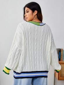 SHEIN EZwear 大碼條紋飾邊落肩袖板球毛衣 - 白色 - 查看 2