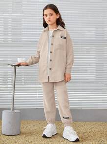 SHEIN Áo sơ mi và quần nhung kẻ trễ vai Tween Girl Letter Patched - Màu be - Xem 4