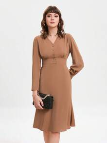 SHEIN BIZwear 素色前紐扣洋裝 - 棕色 - 查看 6