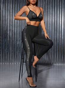 SHEIN PETITE 水鑽側接縫網紗拼接拼塊緊身打底褲 - 黑色 - 查看 4