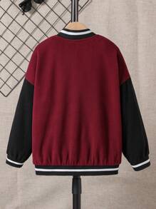 SHEIN Tween Boy Letter Patched Striped Trim Drop Shoulder Varsity Jacket Without Hoodie - Burgundy - View 2