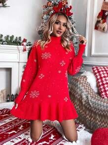 SHEIN LUNE 雪花图案高领插肩袖毛衣连衣裙新年衣服 - 紅色 - 查看 6